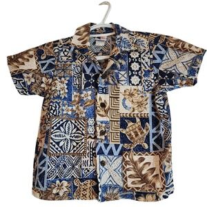 Boys Nui Nalu Hawaiian Short Sleeve Shirt Sz. 5 Blue and Beigh Made in USA